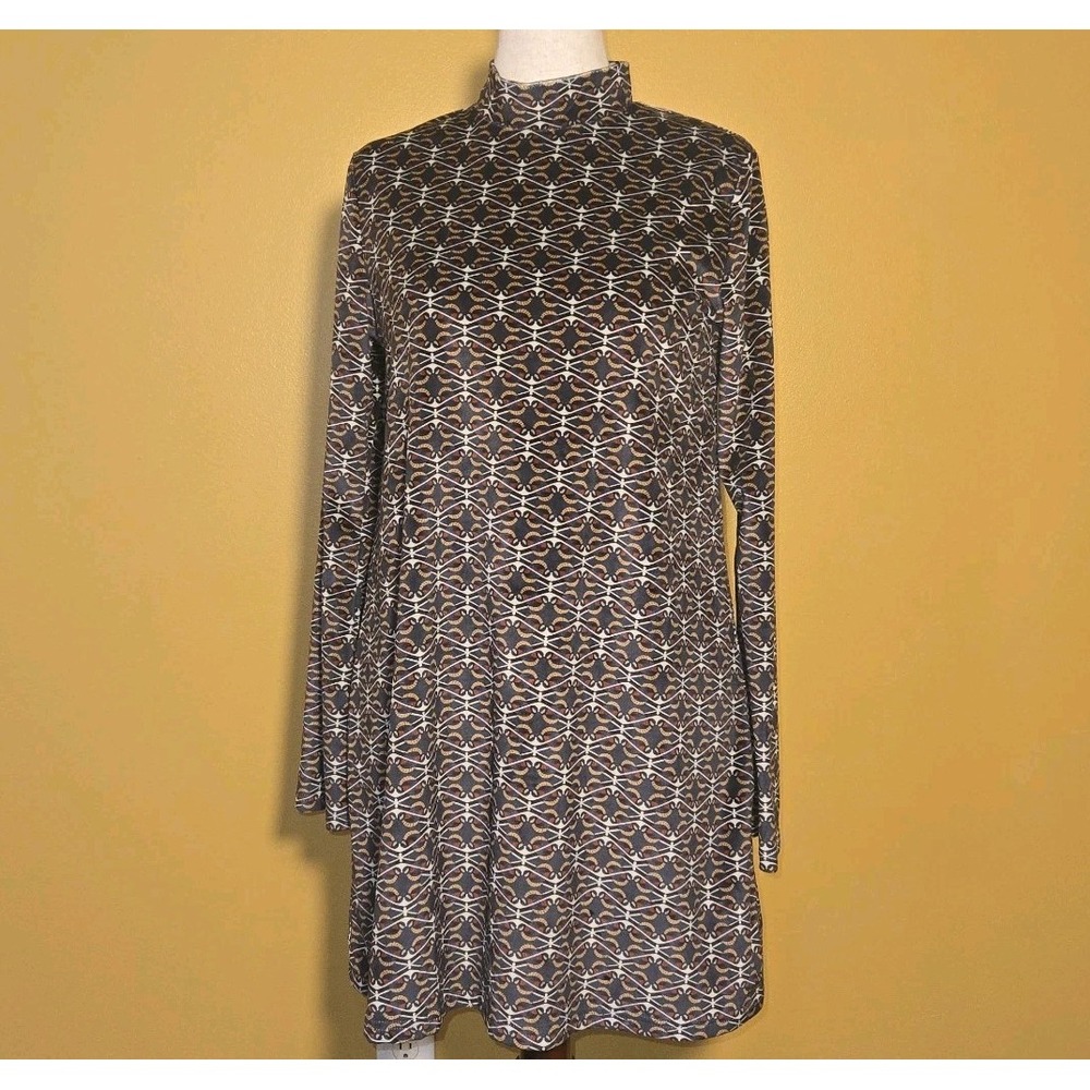 Smash Barcelona Velvet Texture Tunic Dress Geometric Blue Gold Mock Neck‎ Size M